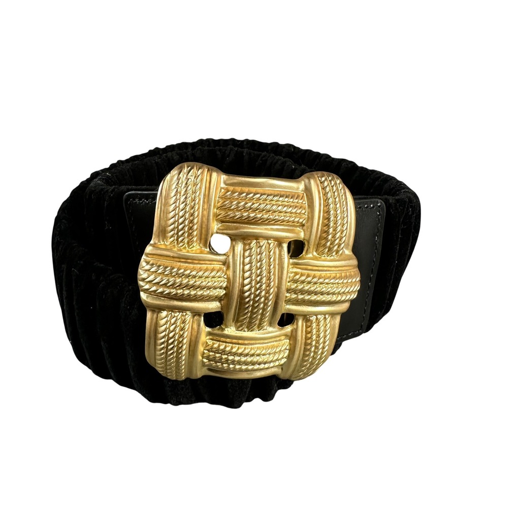 J.McLaughlin Black Velvet Ruched Elastic Belt Gold Basketweave Buckle ML